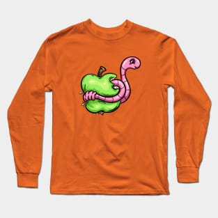 Worm in an Apple Cartoon Character Illustration Long Sleeve T-Shirt